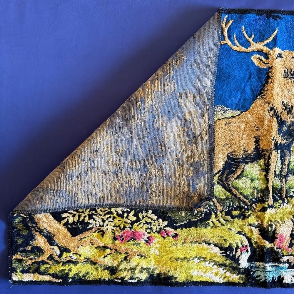 Vintage 70s Deer Stag Does Woodland Velvet Tapestry Rug Wall Picture 19x38” - Picture 3 of 5